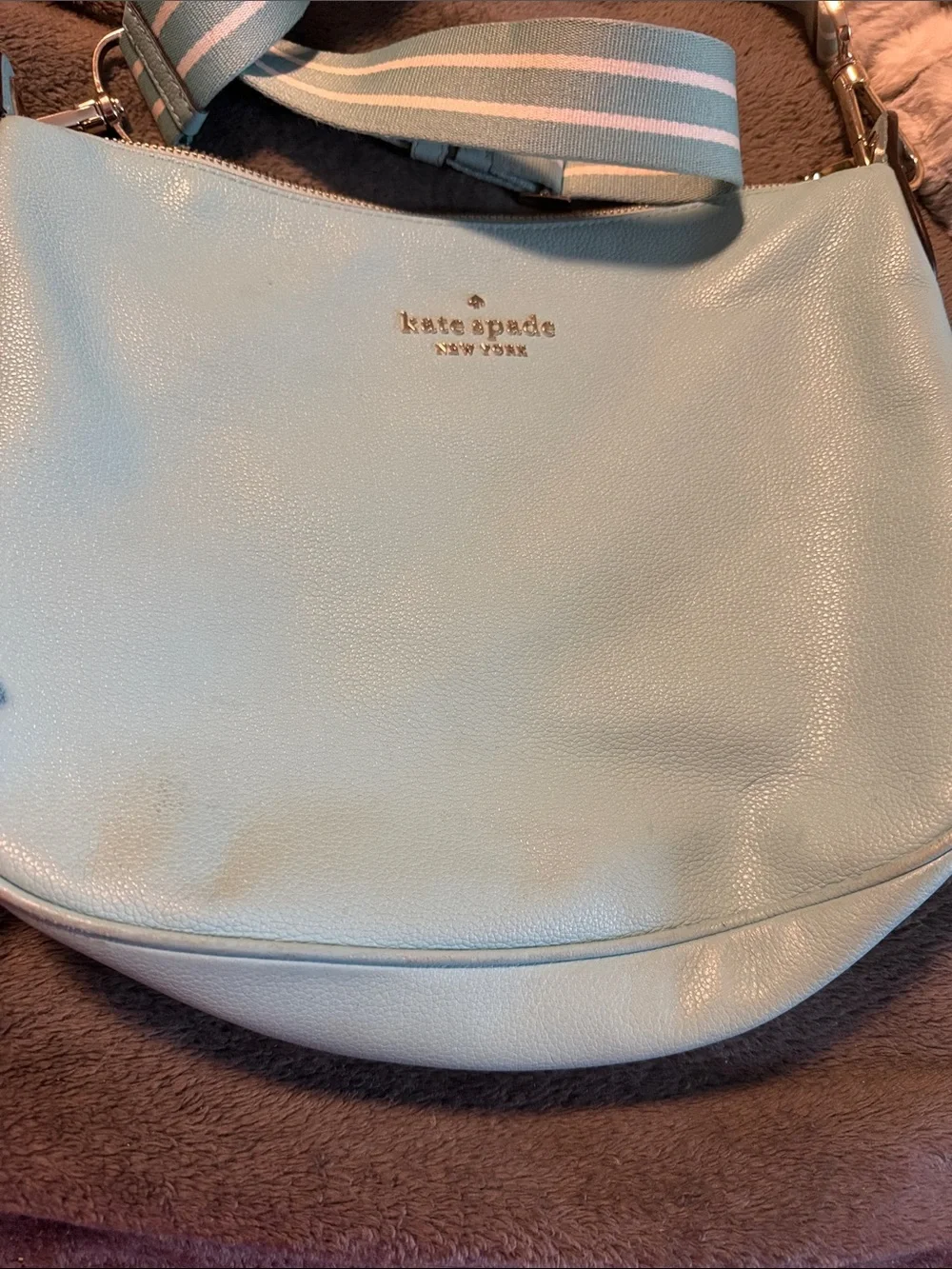 kate spade Light Blue Leather Hobo Shoulder Bag with Striped Strap